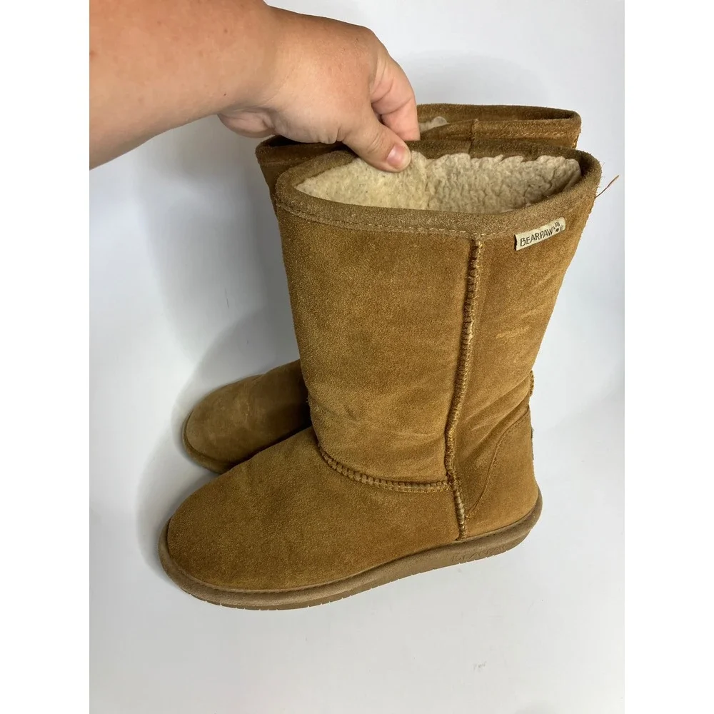 Bearpaw shearling pull on boots women's size 10 tan brown suede winter cozy‎
